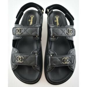 Chanel REV Black Caviar Gold CC Logo Mule Slide Strap Flat Teva Dad Sandal 38.5